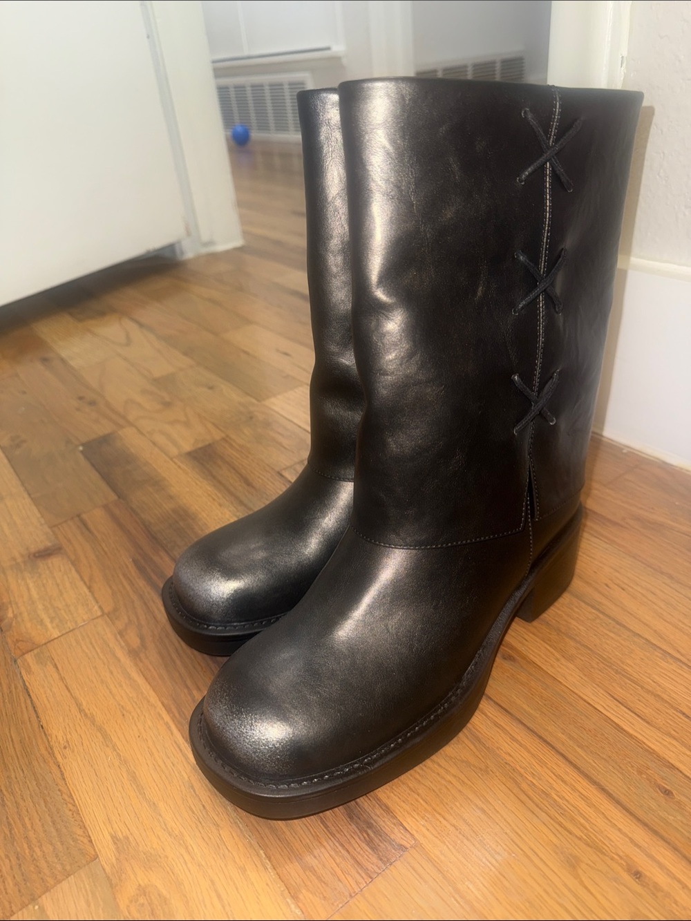 Mid-Calf Black Leather Combat Boots with Side Lace Detail